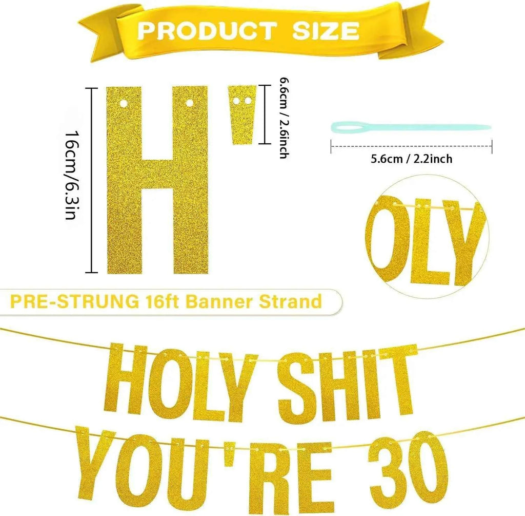 Gold Glitter Holy Shit You're 30 Birthday Banner Party Decor,Funny 30th Birthday Party Decorations Supplies,30th  Photo Props