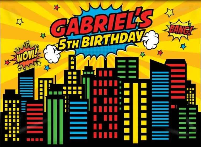 Customized Photography Studio Props Cartoon Superhero City Background Fecoration Children's Happy Birthday Outdoor Party Banner