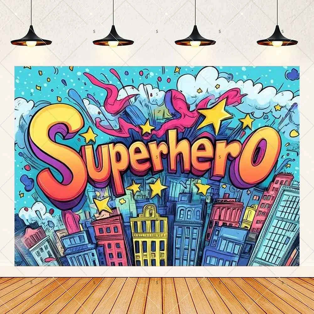 Customized Photography Studio Props Cartoon Superhero City Background Fecoration Children's Happy Birthday Outdoor Party Banner