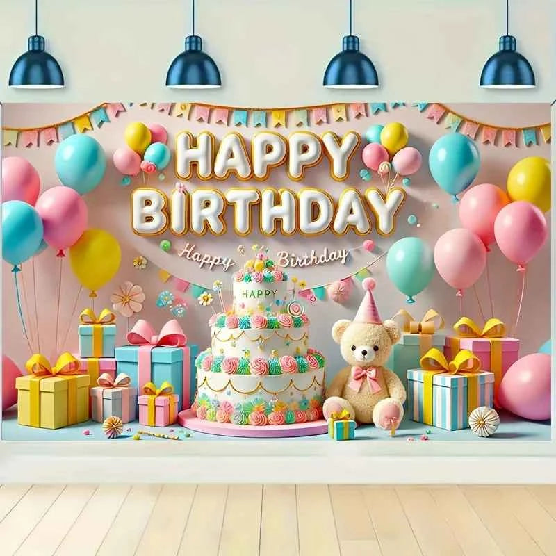 One, a "Happy Birthday" banner, colorful balloons and cake design, with a teddy bear, a birthday party background banner