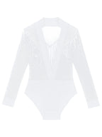 Men's Latin Salsa Sequin Tassel & Rhinestone V-Neck Performance Leotard Bodysuit