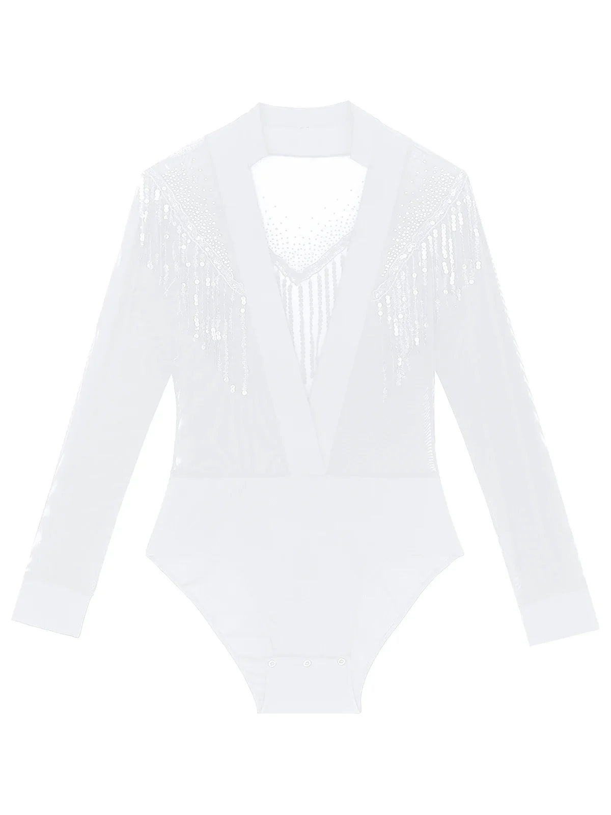 Men's Latin Salsa Sequin Tassel & Rhinestone V-Neck Performance Leotard Bodysuit