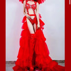 Hollow-Out Rhinestone Bodysuit & Feathered Layered Skirt Carnival Costume Set