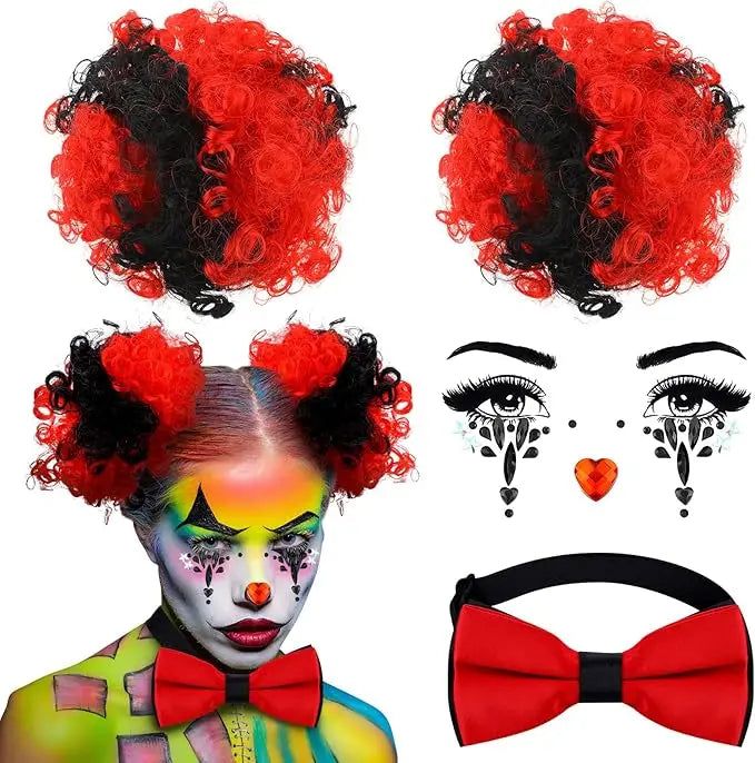 Women Halloween Clown Accessories Rainbow Wig Hair Clip On Puff Buns Clown Bowtie Party Halloween Ball Party Cosplay Costume - Big Tim's Magic Emporium