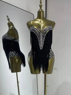 Women Black Bright Rhinestones Tassel Stretchy Mesh Thigh High Leotard Pole Dance Costumes Evening Party Club DJ Gogo Dress