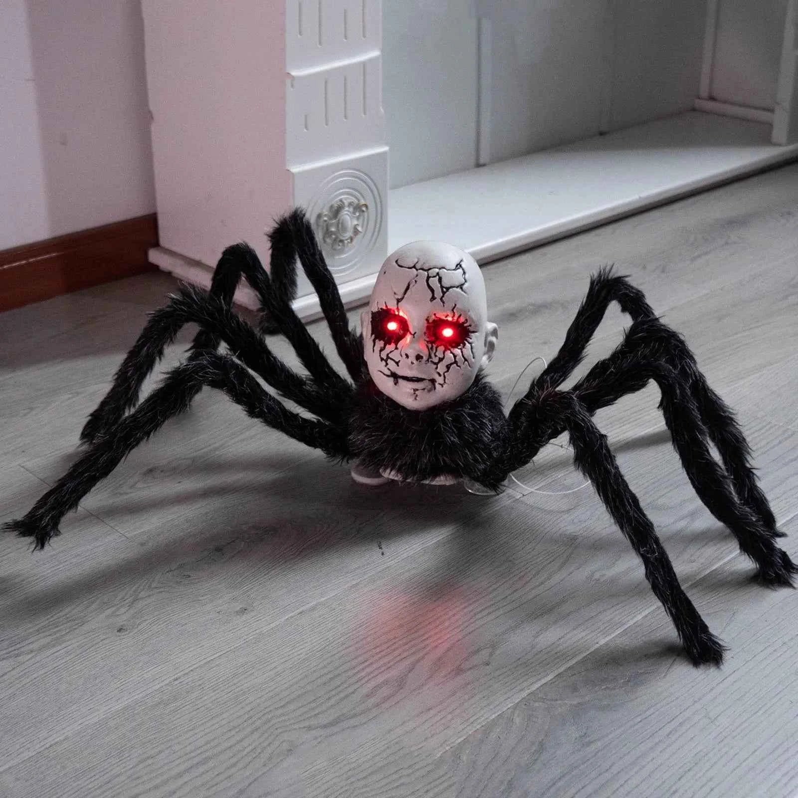 Animatronic Doll Face Spider Motion Activated Glowing Eyes Sound Control Halloween Scary Walking Toy Haunted House Prop