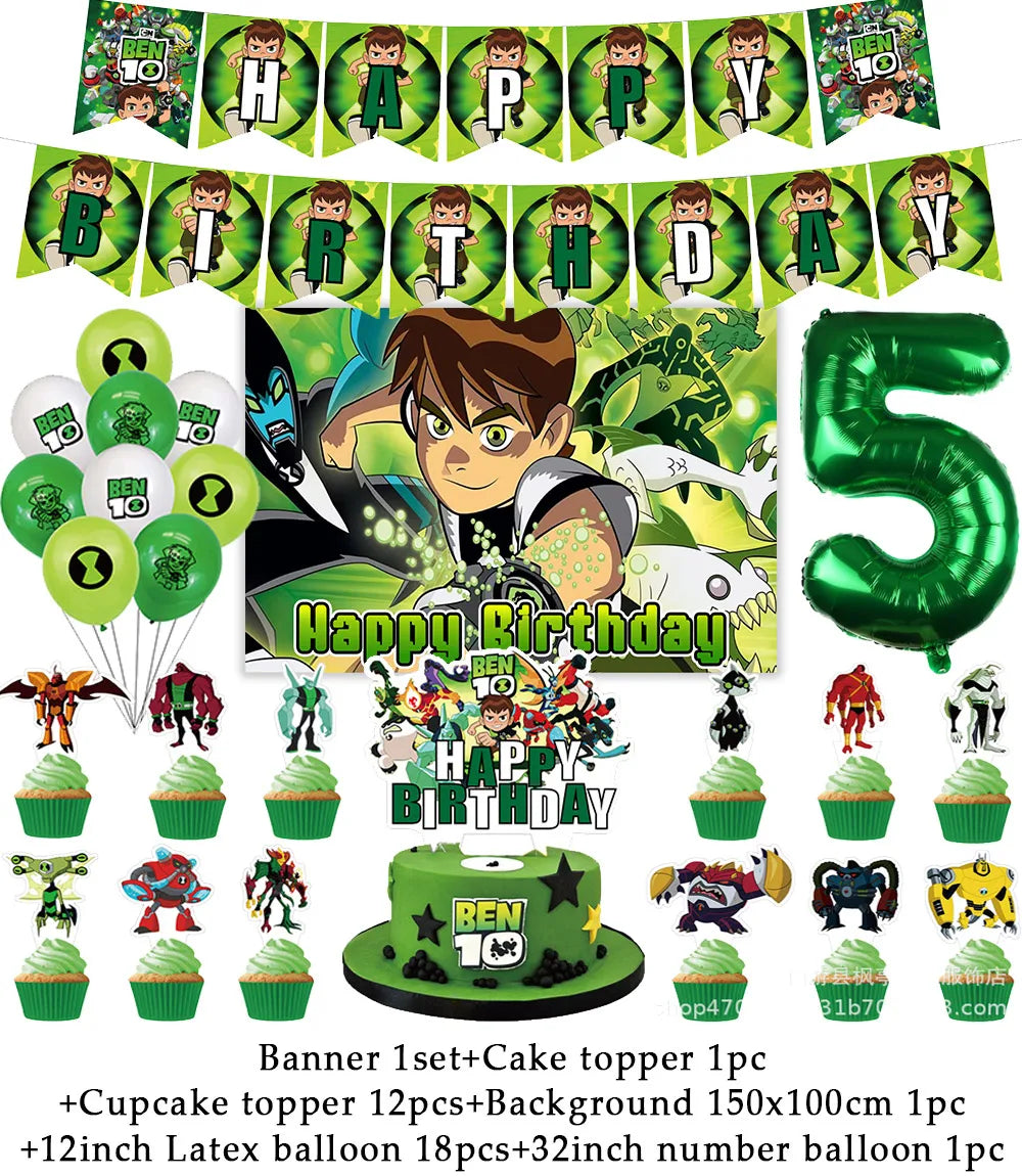 Cartoon Ben-10 Birthday Party Decoration Balloons Favor Set Banner Cake Toppers Baby Shower Boys Gift Party Supplies Photo Prop