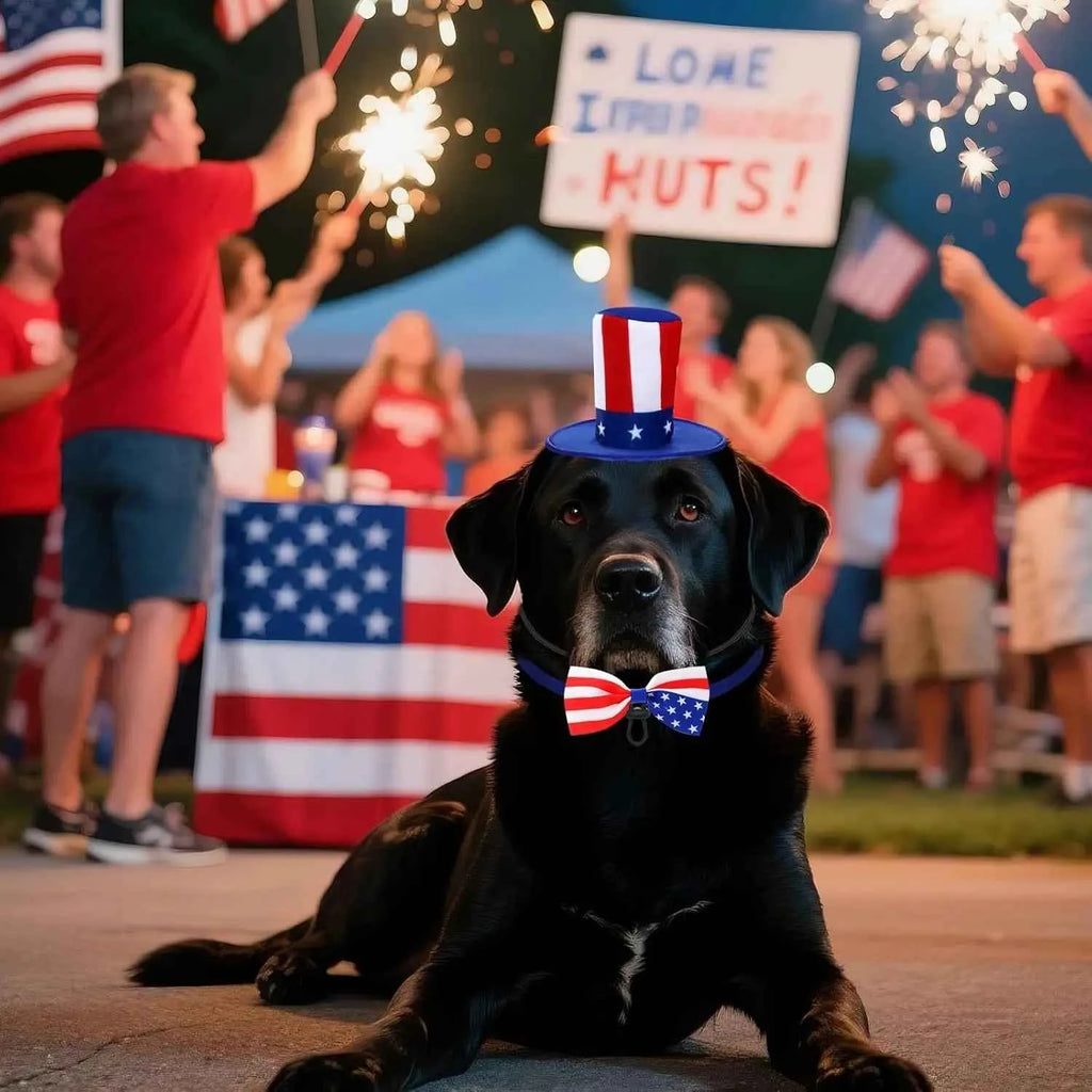 4th of July Dog Outfit, Patriotic Dog Top Hat and Bow Tie Collar Set, Pet Independence Day Costume Accessories for Dogs Cats Pup