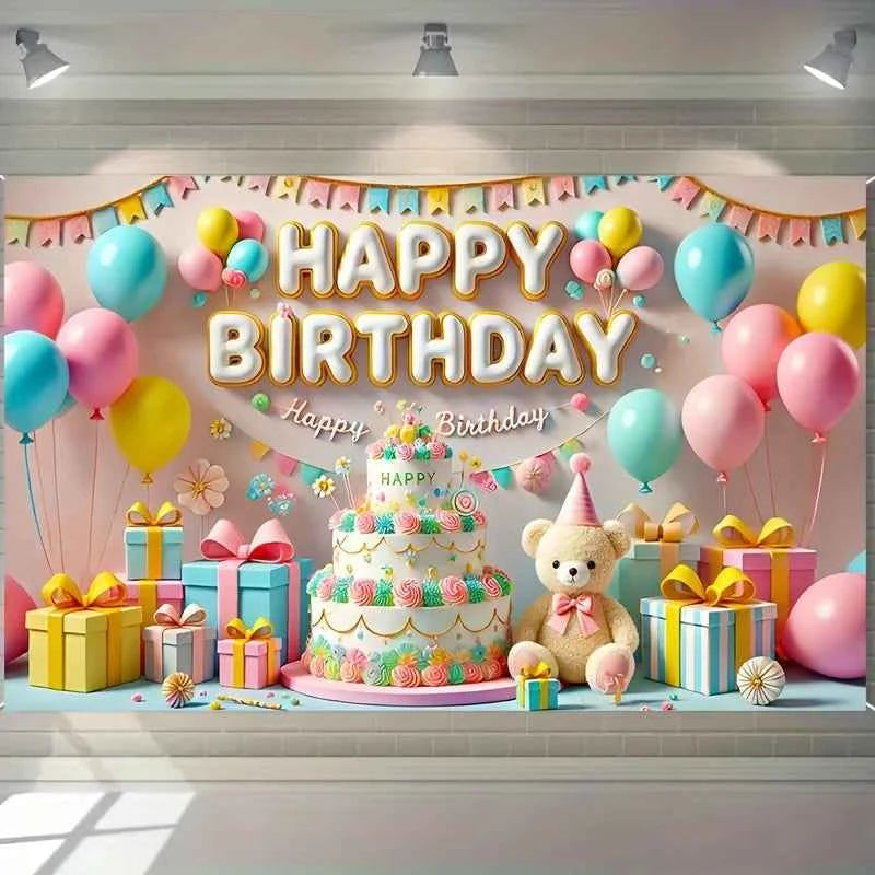 One, a "Happy Birthday" banner, colorful balloons and cake design, with a teddy bear, a birthday party background banner