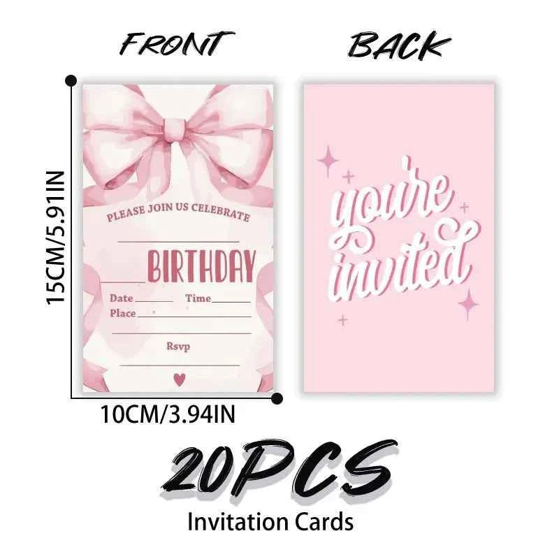 20pcs, Cute cartoon bow birthday invitation card, 20 girl themed birthday invitation cards