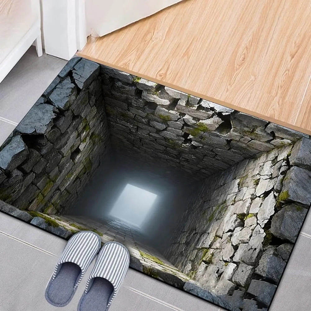 3D Optical Illusion Welcome Mat with Endless Pit Design Non-Slip Floor Mat for Unique Home Decor, Black Gray Carpet Gift