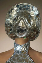 Silver Mirror Asymmetrical Bodysuit, Sculpted Captain Hat & Puffer Bolero Coat 3-Piece Stage Costume Set