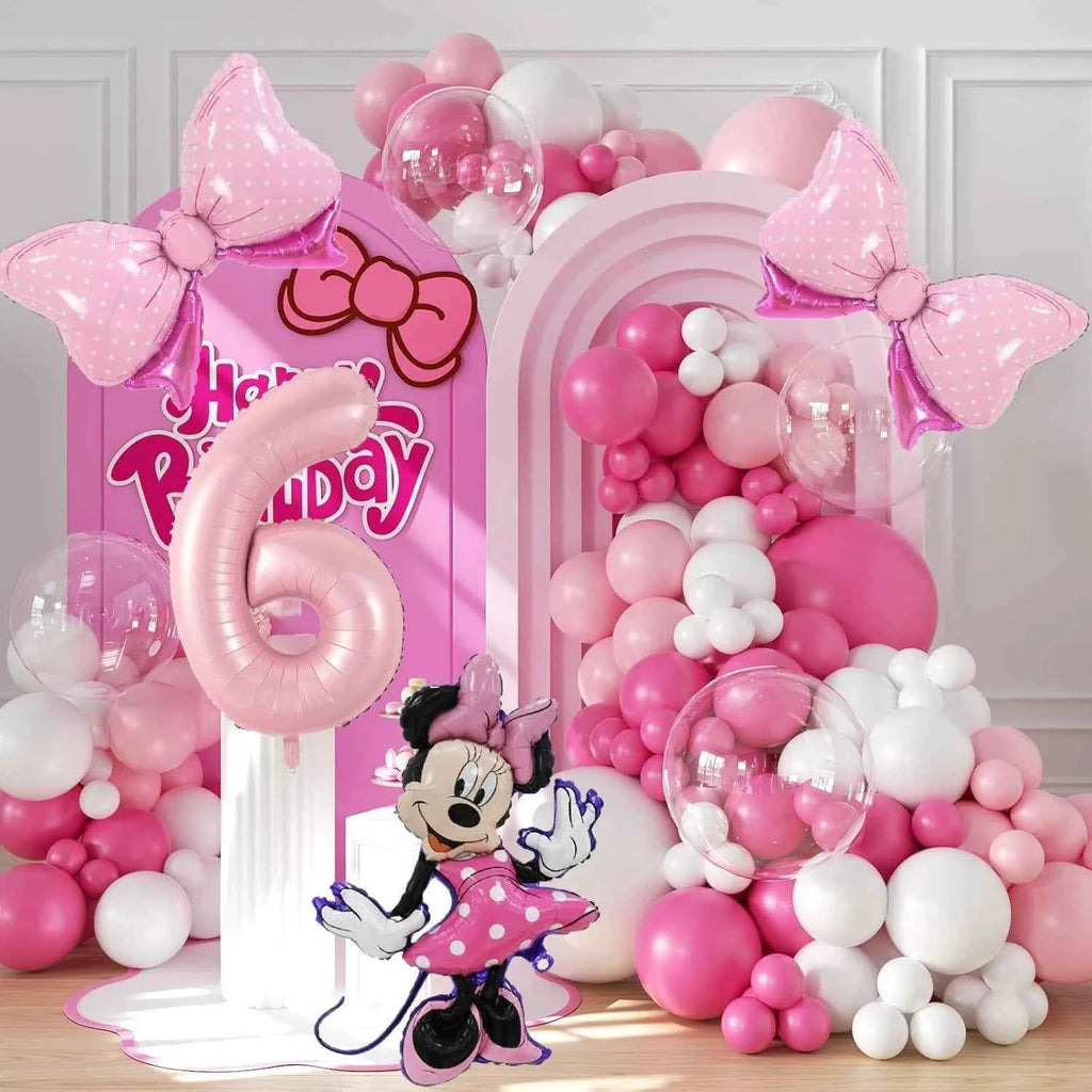 128PCS Minnie Mouse Pink Bow Aluminum Mold Balloon Garland Arch Set Girl Princess Birthday Party Baby Shower Decoration Supplies