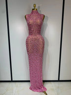 Sparkly Rhinestone Sleeveless Maxi Long Dress See-Through Sheer Mesh Stage Outfit