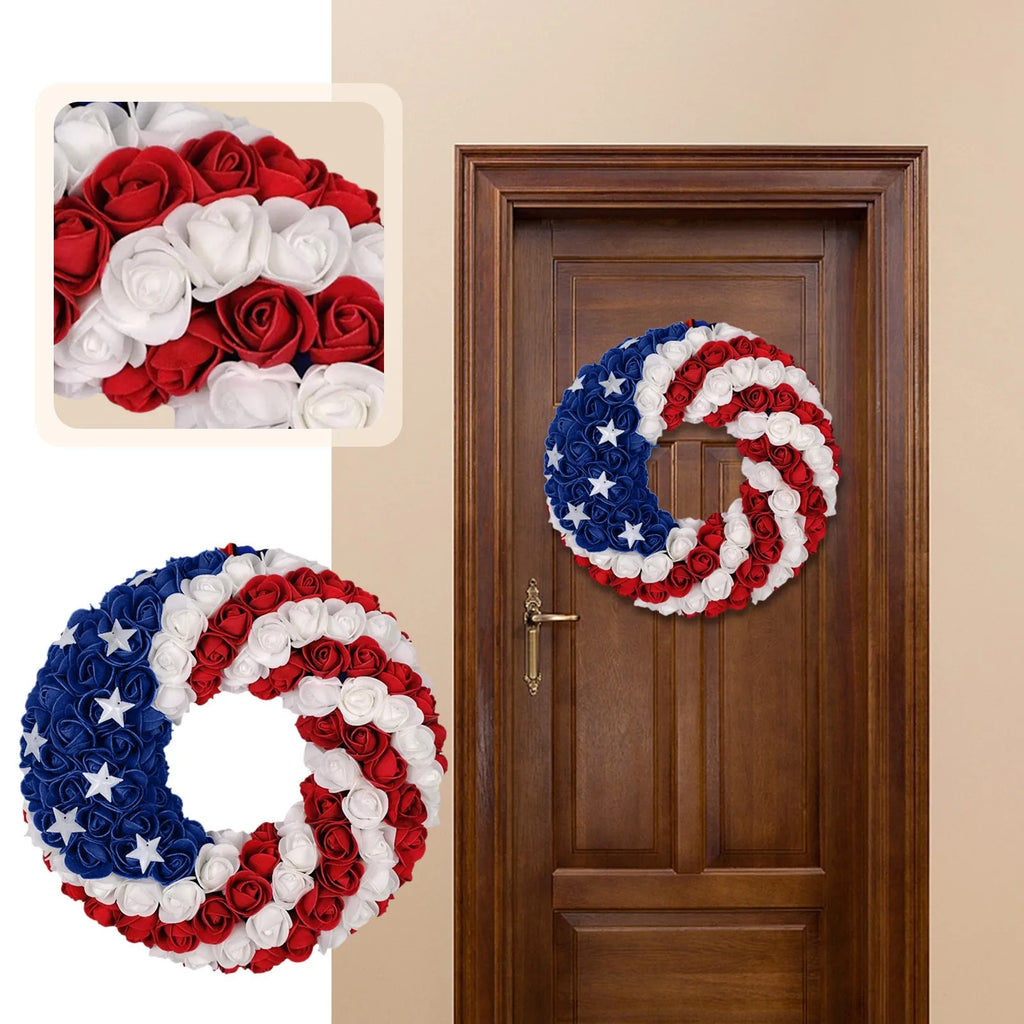 4th Of July Rose Floral Wreath American Flag Star Front Door Garland Independence Day Artificial Flower Hanging Decor Home Porch