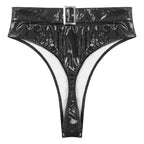 High-Waist Patent Leather Wet-Look Briefs with Adjustable Back Buckle Belt