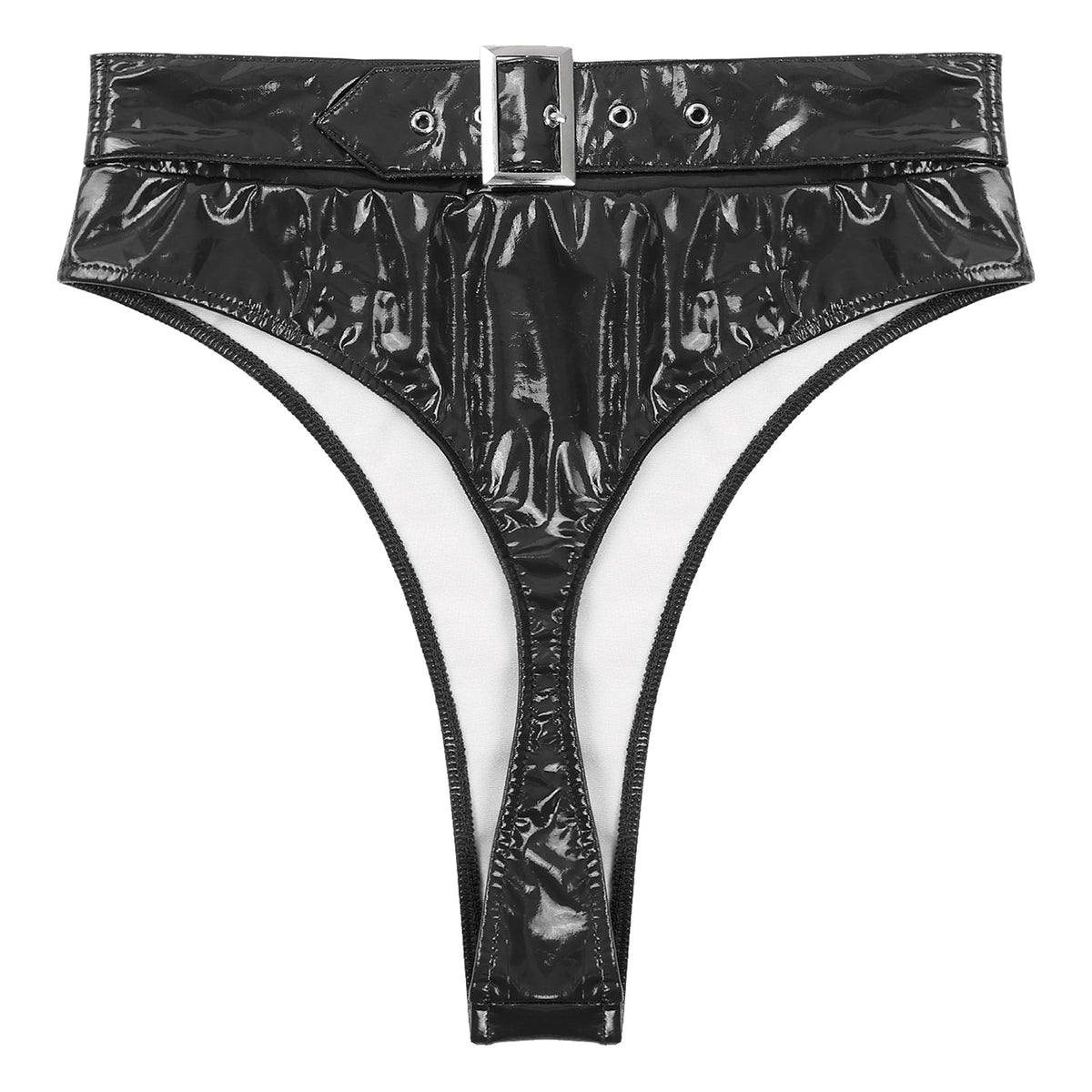 High-Waist Patent Leather Wet-Look Briefs with Adjustable Back Buckle Belt