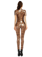 Leopard Print Open Crotch Wet-Look Faux Leather Jumpsuit Stage Cat-Suit Costume