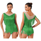 Sparkly Rhinestone & Tassel Fringe Latin Dance Leotard Crew Neck Bodysuit