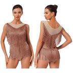 Sparkly Rhinestone & Tassel Fringe Latin Dance Leotard Crew Neck Bodysuit