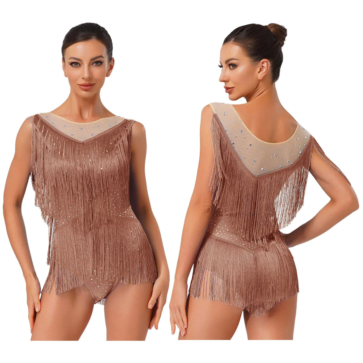 Sparkly Rhinestone & Tassel Fringe Latin Dance Leotard Crew Neck Bodysuit