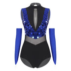 Sparkly Sequin Mock Neck Dance Leotard & Gloves Two-Piece Bodysuit Set