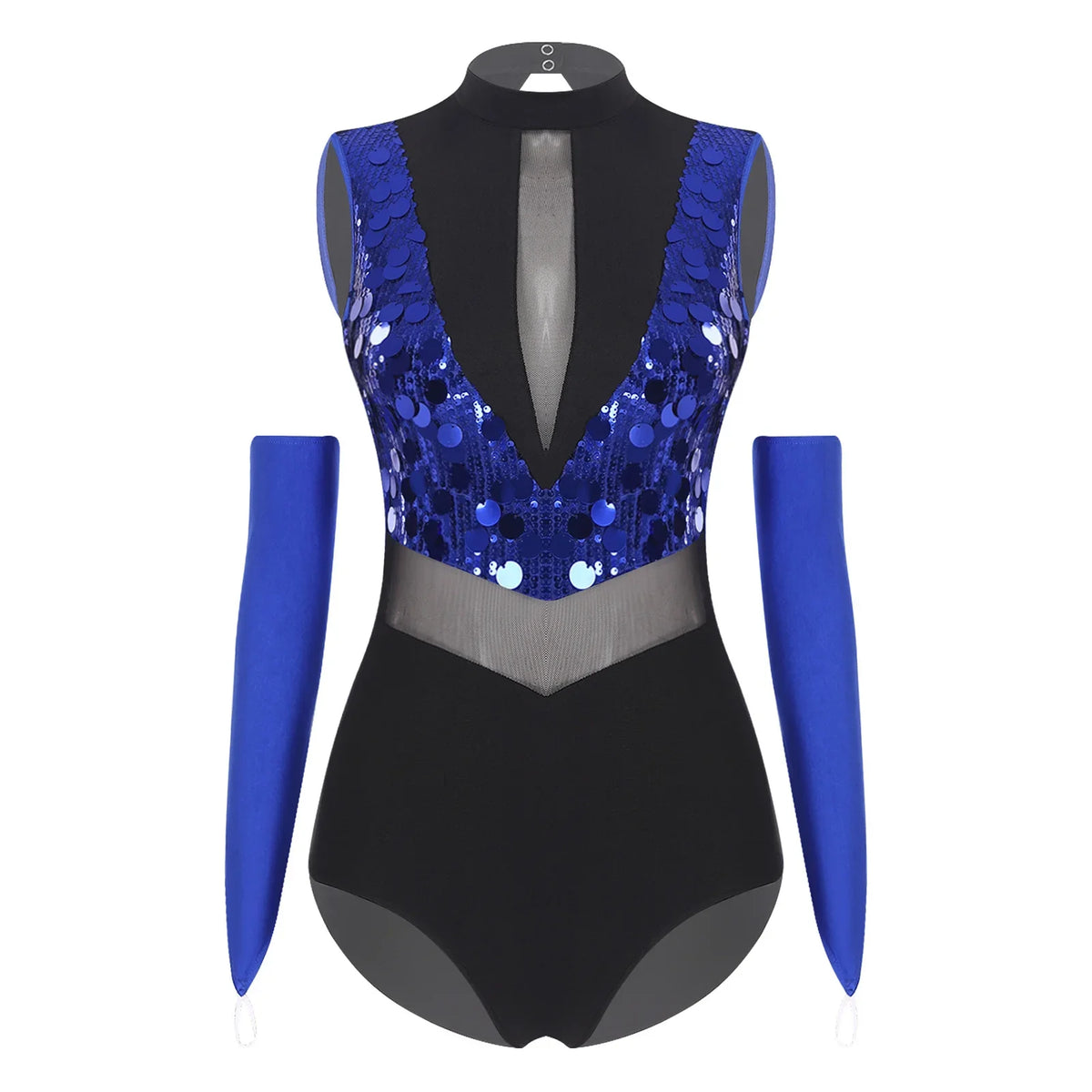 Sparkly Sequin Mock Neck Dance Leotard & Gloves Two-Piece Bodysuit Set