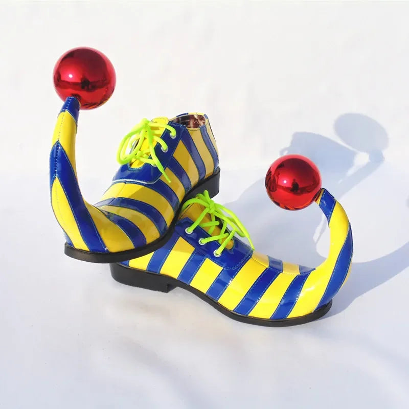 Adults Halloween Clown Cosplay Shoes Funny Circus Club Clown Performance Stripe Clown Shoes With Red Ball Carnival Cosplay Shoes - Big Tim's Magic Emporium