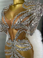 Women Cloak Sleeve Shining Sequins Mesh Ruffles Long Loose Dress Celebrate Performance Costumes Stage Wear