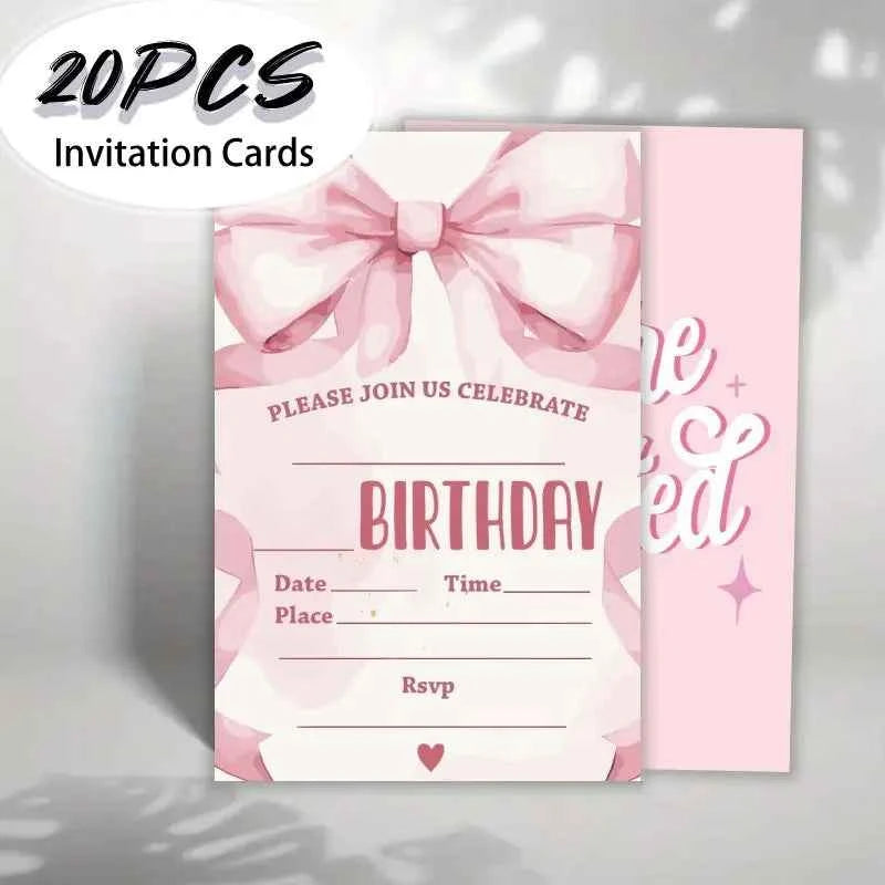 20pcs, Cute cartoon bow birthday invitation card, 20 girl themed birthday invitation cards