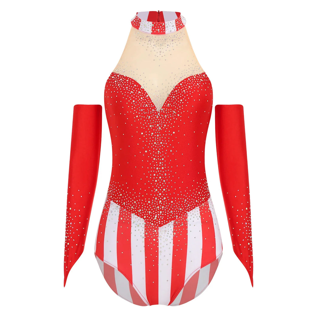 Circus Ringmaster Rhinestone Striped Leotard & Fingerless Gloves Costume Set
