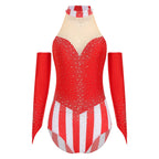 Circus Ringmaster Rhinestone Striped Leotard & Fingerless Gloves Costume Set
