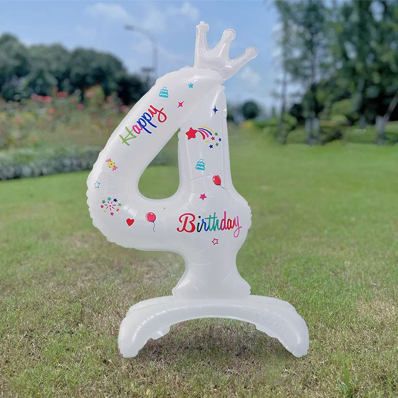 Birthday Digital Balloon White Standing 32 inch Happy Birthday Printed Aluminum Film Birthday Party Crown Balloon