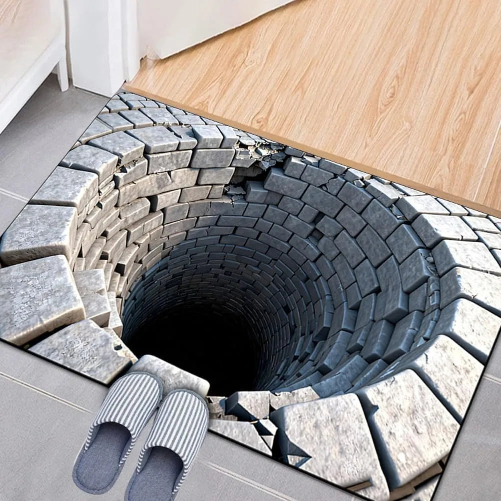 3D Optical Illusion Welcome Mat with Endless Pit Design Non-Slip Floor Mat for Unique Home Decor, Black Gray Carpet Gift