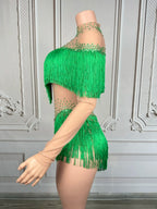 Sparkly Rhinestone Tassel Fringe Dance Performance Costume Stage Bodysuit