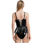 Glossy Wet-Look Halter Romper Bodysuit with Flared Skirt Hem & Integrated Garters