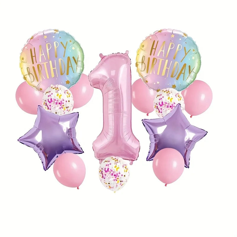 Pink Birthday Party Balloon Set, Includes 40inch Numbers 1-6 and 18inch Light Purple and Red Star-Shaped Foil Balloons, Suitable for Birthday, Wedding, and Other Party Decorations and Celebration Photo Props