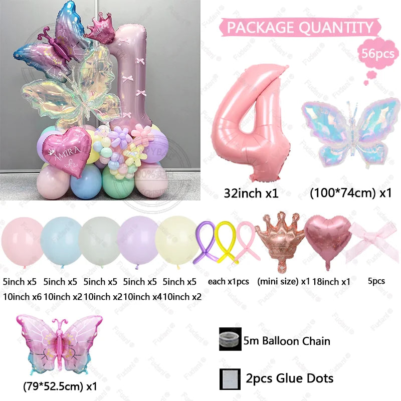 56pcs Colorful Butterfly Love Balloon Pink Number Birthday Balloon Set Festival Party Decoration Children's Baptismal Supplies
