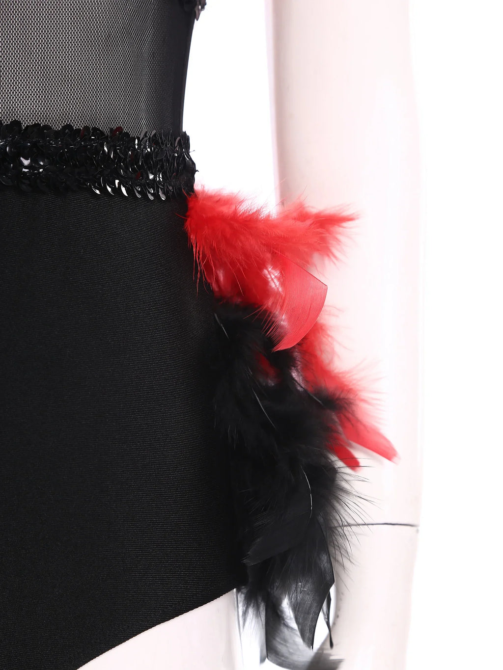 Women's Shiny Sequin Sheer Mesh Feather Latin Jazz Dance Bodysuit