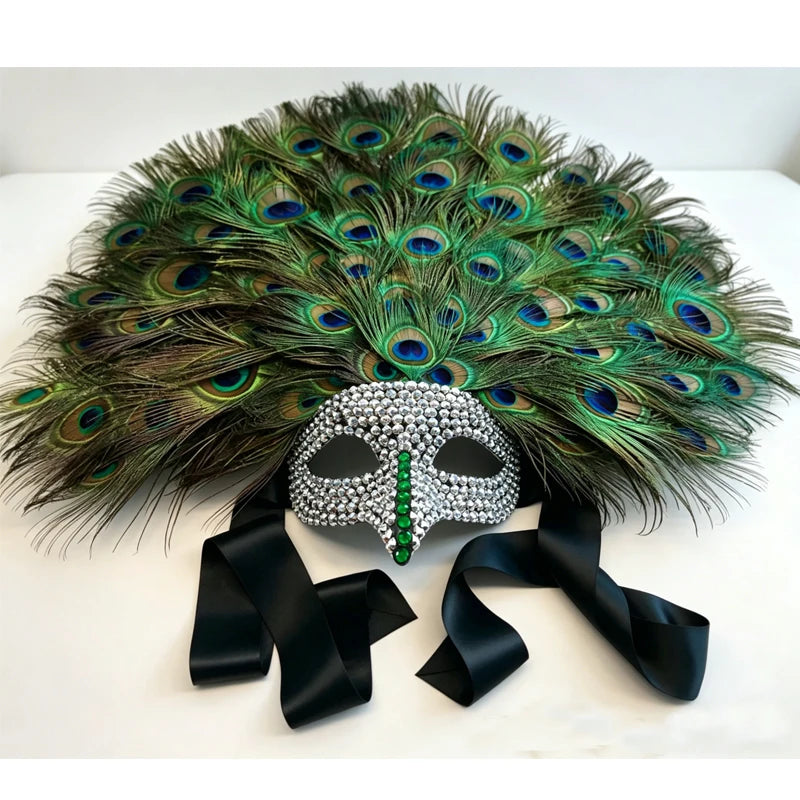 Luxury Peacock Feather Masquerade Mask,Rhinestone Crystal Venetian Mask, Large Feather Fan for Masquerade Ball & Halloween Party - Big Tim's Magic Emporium