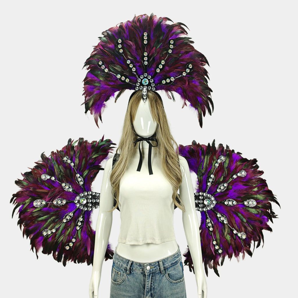 Unisex Artisanal Feather Headdress & Wings Carnival Performance Set