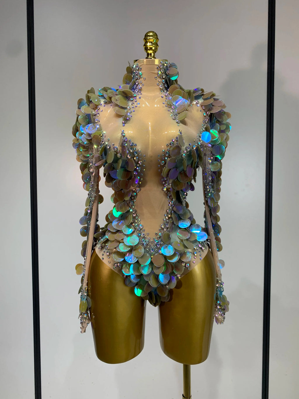 Iridescent Mermaid Scale Sequin & Rhinestone Illusion Bodysuit Stage Costume