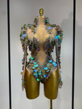 Iridescent Mermaid Scale Sequin & Rhinestone Illusion Bodysuit Stage Costume