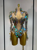 Iridescent Mermaid Scale Sequin & Rhinestone Illusion Bodysuit Stage Costume