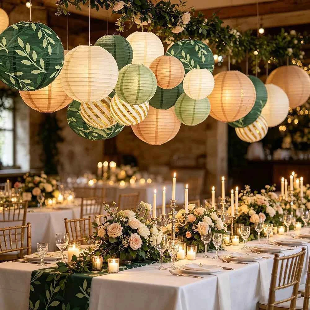 12PCS Sage Green Paper Lanterns Rustic Wedding Decorations Background Retro Green Lantern Holiday Props Birthday Party Supplies