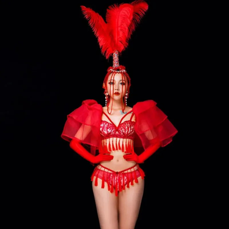 Red Feather Beading Headgear Bikini Dance Outfit Women Nightclub Party Show Stage Wear Bar Concert Singer Performance Costume