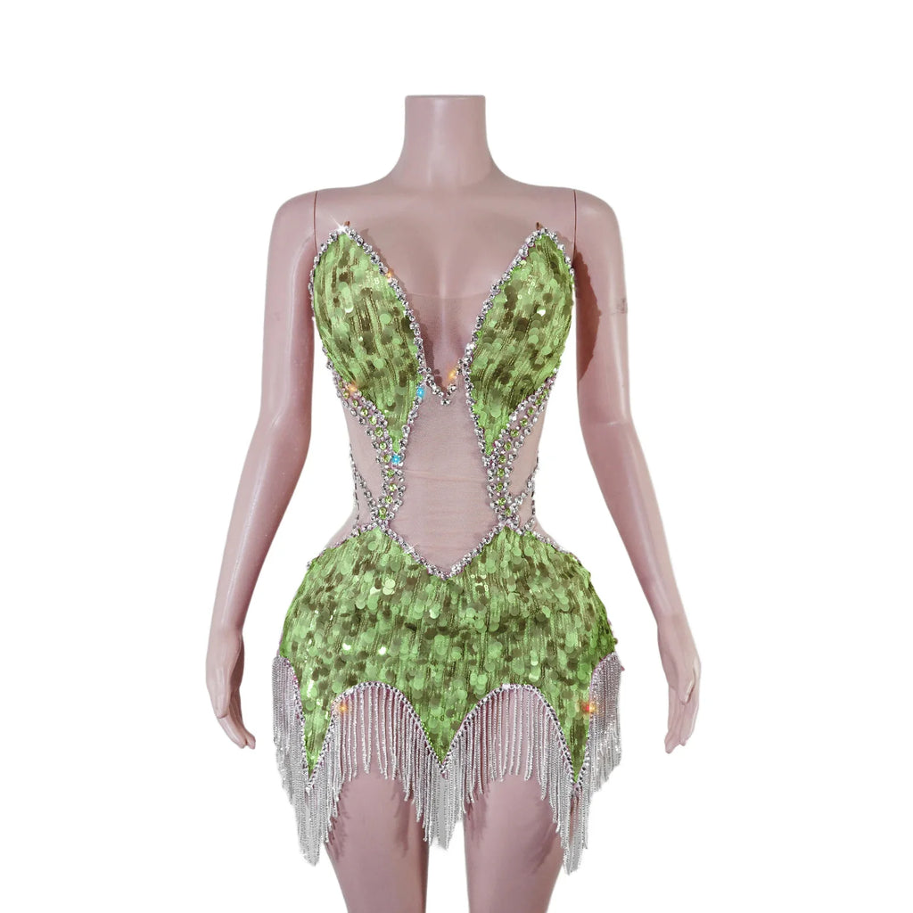 Sequin Beaded Tassels Mini Dress Crystals Mesh Bodycon Stage Performance Outfit
