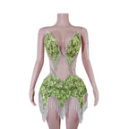 Sequin Beaded Tassels Mini Dress Crystals Mesh Bodycon Stage Performance Outfit