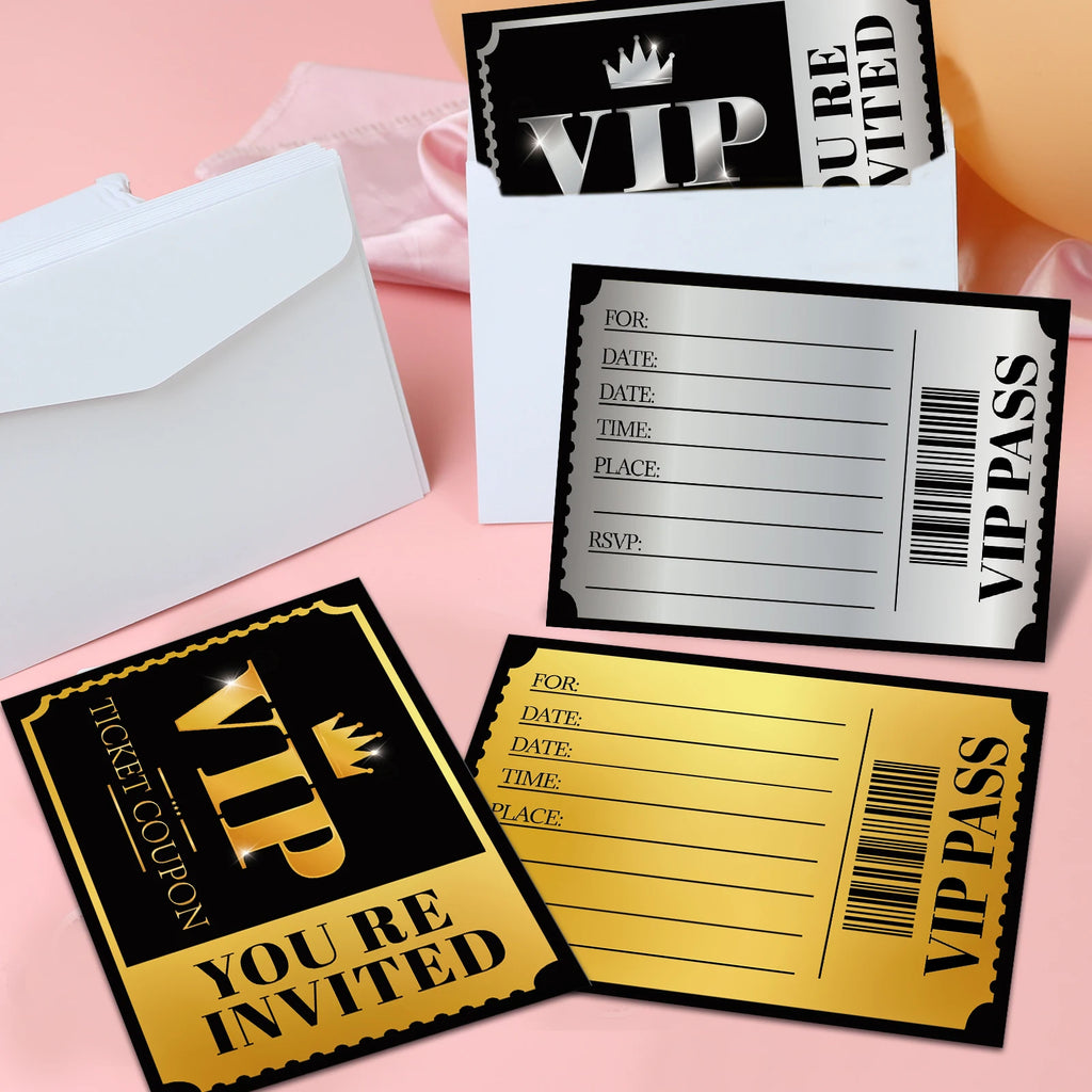 20 VIP party invitations, double-sided gold and silver, themed birthday celebration invitation cards, paper tickets for various - Big Tim's Magic Emporium