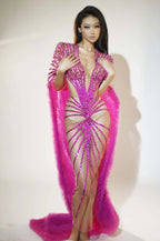 See Through Fuchsia Pink Evening Gown Long Tail Showgirl Stage Ball Dress